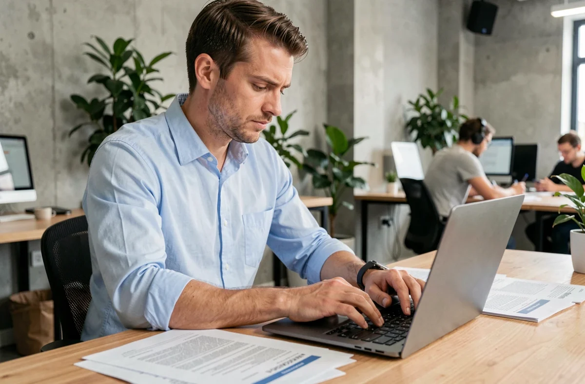 Entrepreneur masculin concentré qui examine des documents d'aide à la création d'entreprise 2026 dans un espace de coworking moderne
