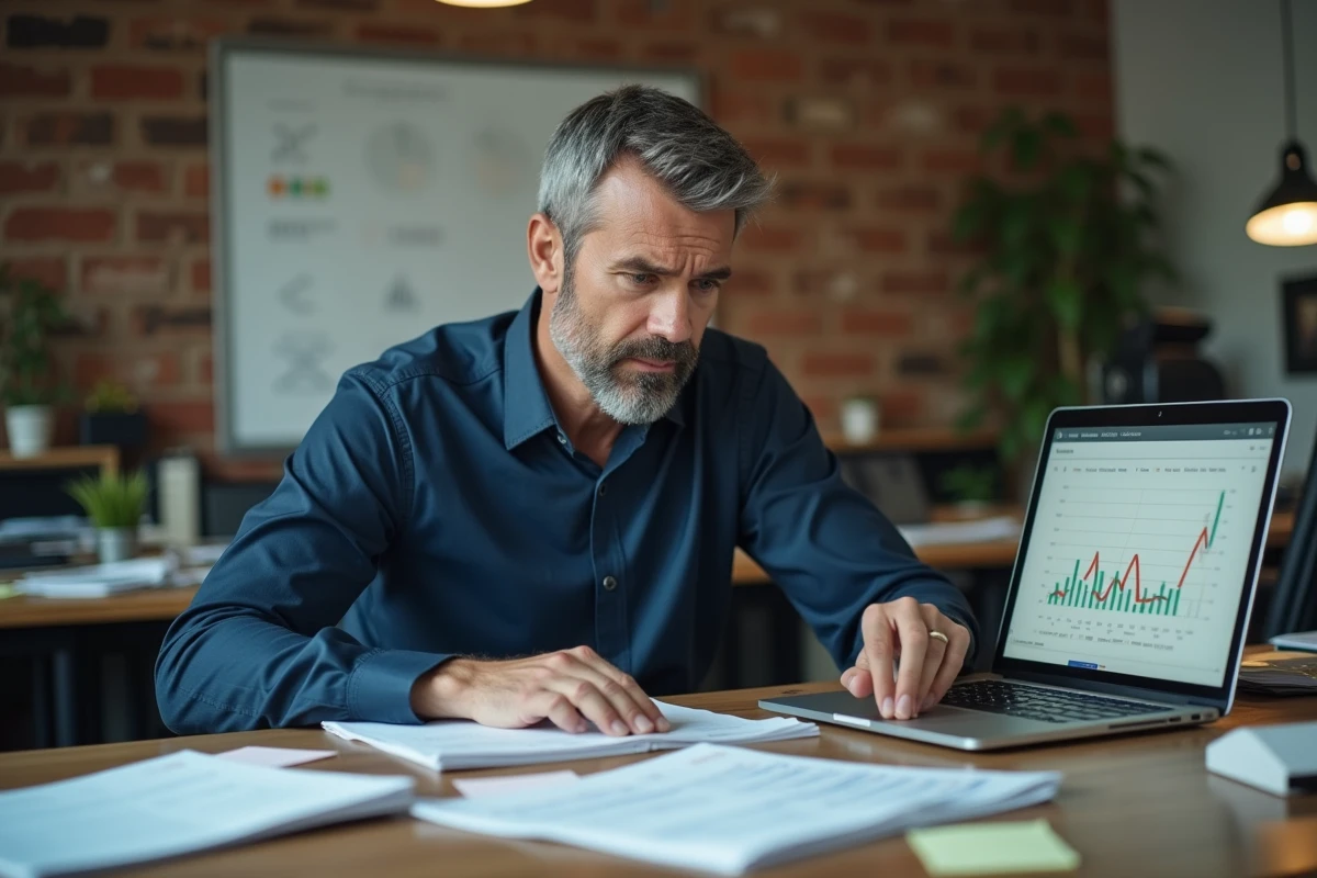 Entrepreneur frustré face à un faible trafic sur son site web, illustrant le manque de visibilité en ligne pour une entreprise
