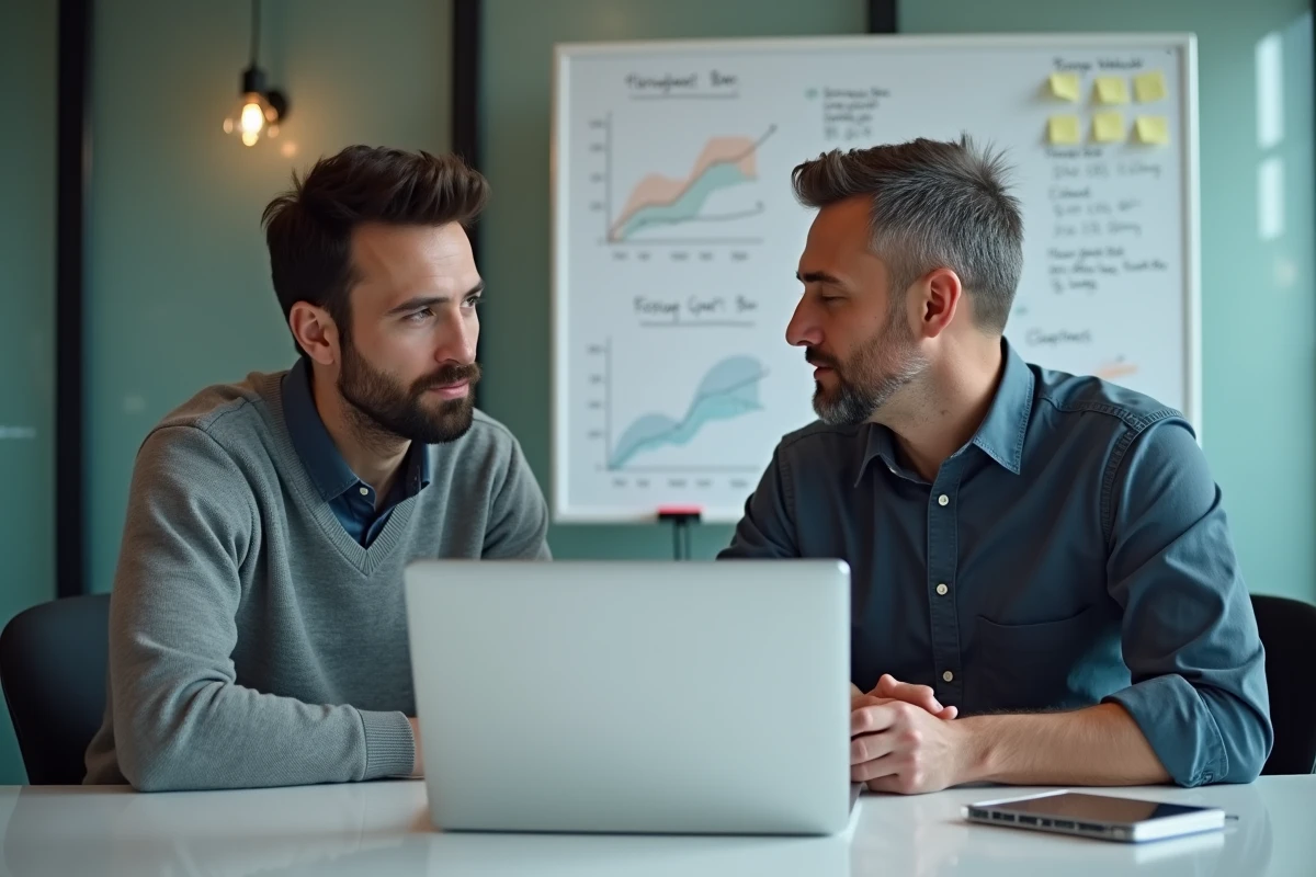 Deux entrepreneurs discutant de métriques de valorisation de startups devant un ordinateur portable dans une salle de réunion moderne