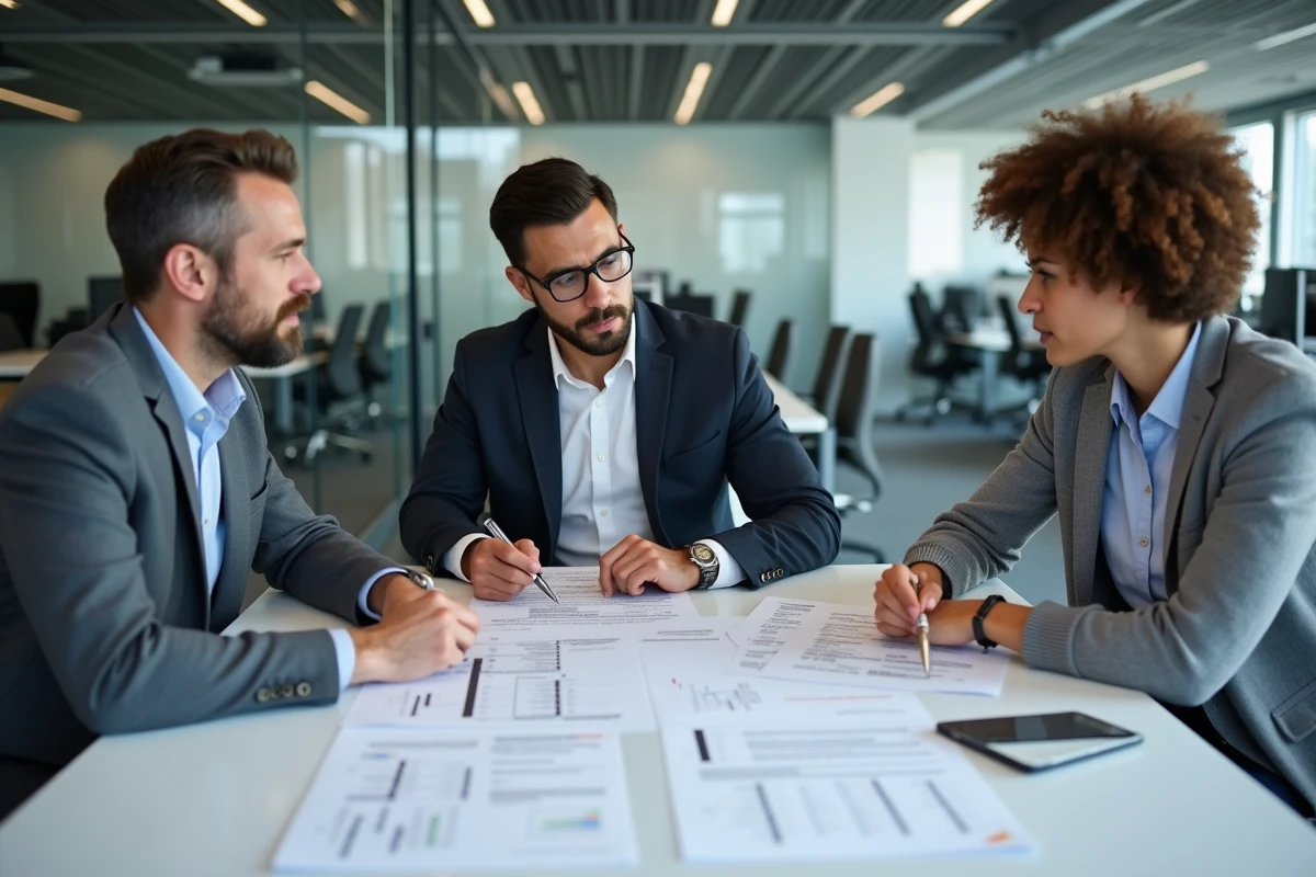 Équipe professionnelle analysant des normes réglementaires et des documents de conformité en réunion