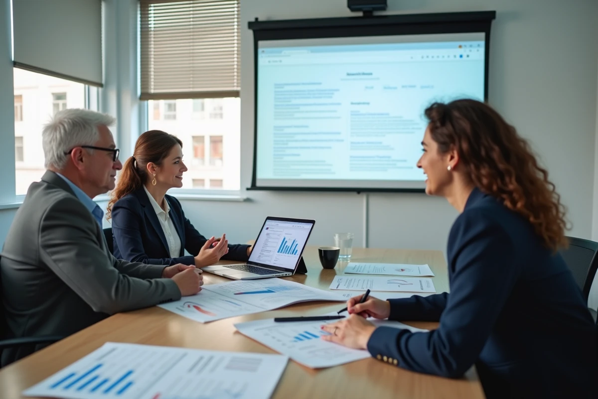 Équipe de professionnels analysant l'absence de visibilité de leur entreprise sur les moteurs de recherche lors d'une réunion