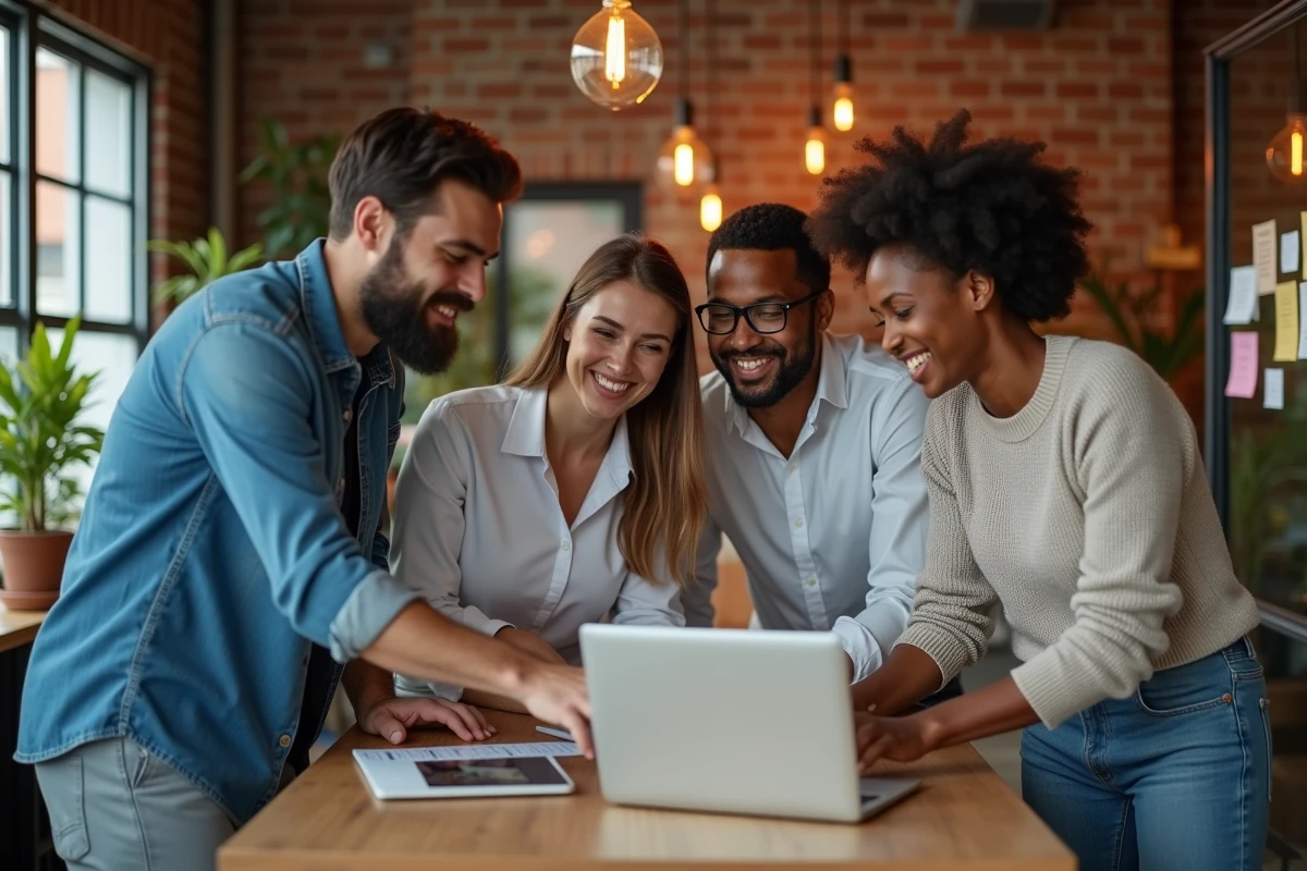 Équipe de jeunes professionnels discutant des meilleures formes de publicité autour d'un ordinateur portable dans un espace de travail créatif