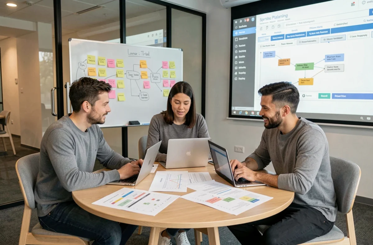 Équipe IT en réunion de collaboration autour d'un portail métier numérique dans une salle de réunion moderne