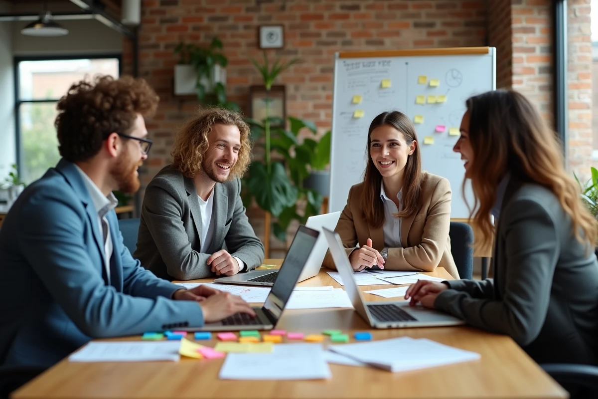 Équipe marketing sociale collaborant autour d'une table avec des documents de campagne et des ordinateurs portables dans un bureau moderne