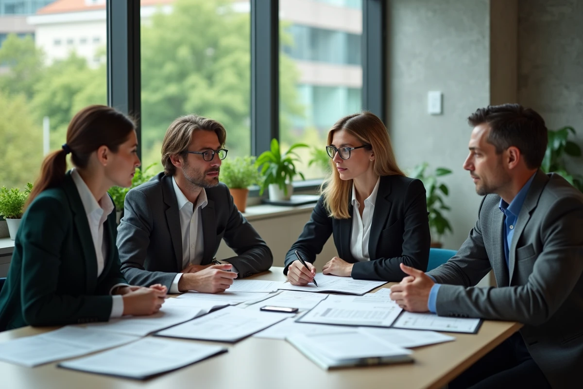 Équipe professionnelle discutant de stratégie ESG et RSE autour d'une table de conférence moderne avec des rapports de développement durable