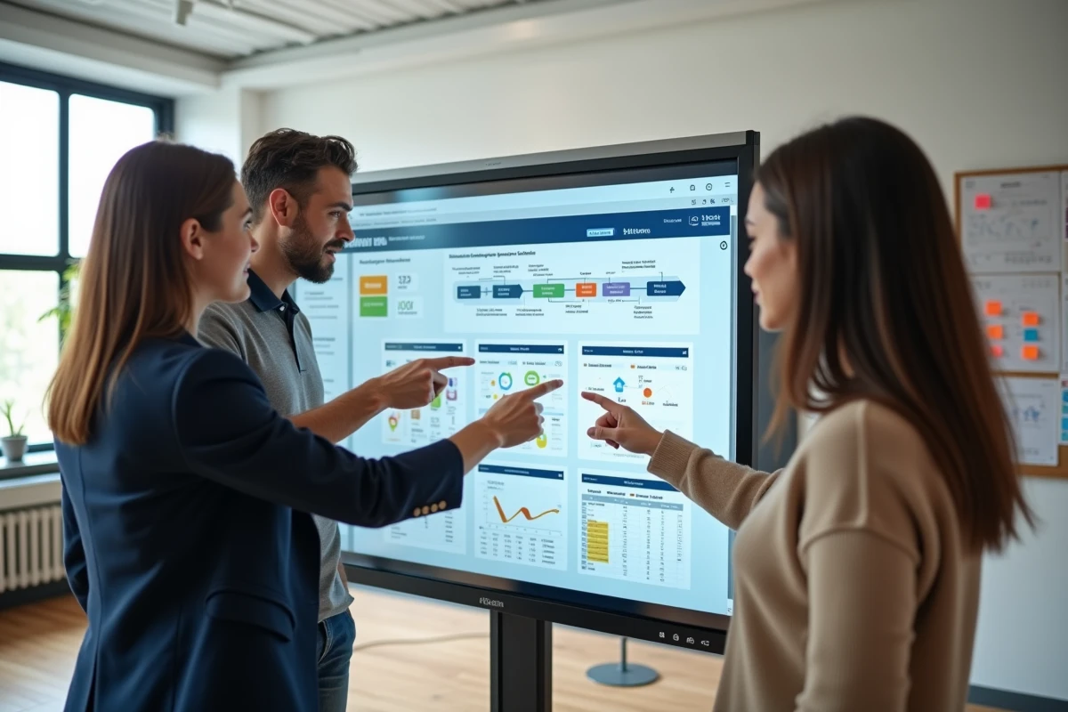 Une équipe de trois professionnels discute du déploiement d'un ERP devant un écran tactile affichant des modules logiciels dans une salle de projet