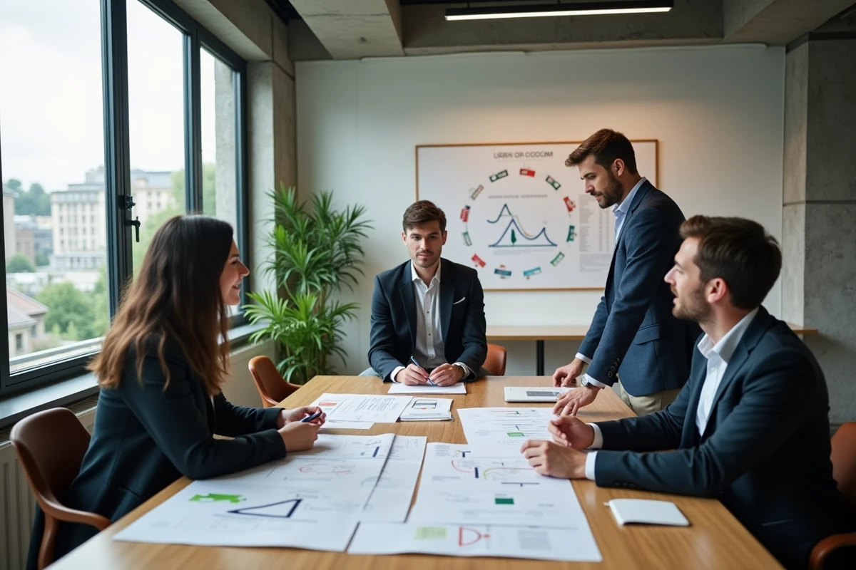 Équipe de professionnels travaillant sur une stratégie d'économie circulaire autour d'une table dans un espace de coworking moderne