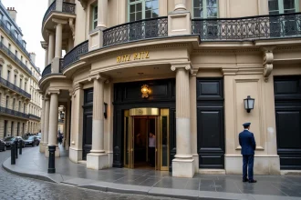 Façade emblématique du Ritz Paris Place Vendôme avec son architecture haussmannienne et son enseigne dorée