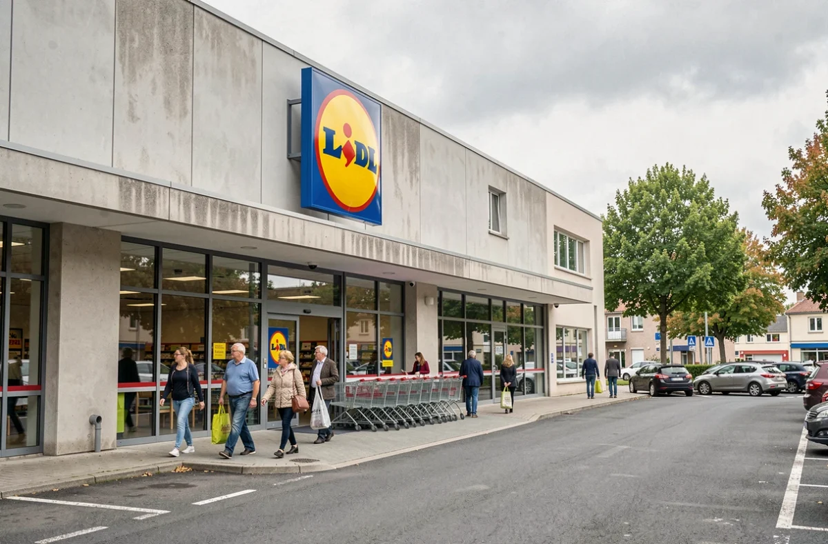 Façade extérieure d'un supermarché Lidl en banlieue française avec enseigne tricolore et clients passants