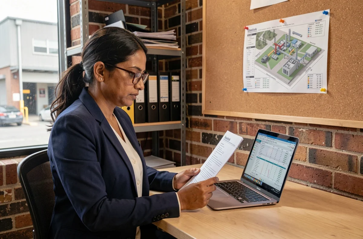 Femme d'affaires analysant un mémorandum d'investissement industriel dans un bureau avec carte de site et données financières