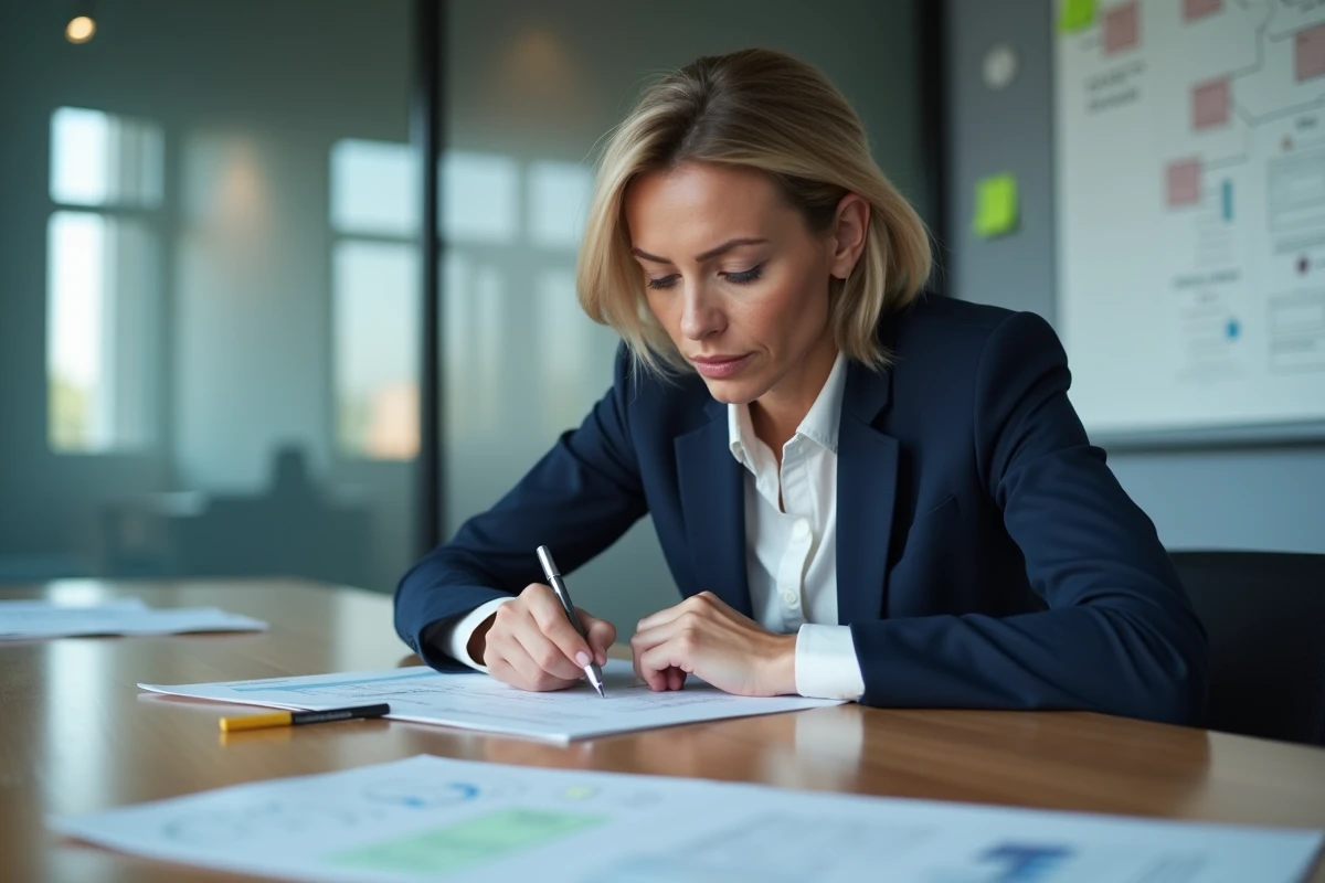 Professionnelle analysant une charte de projet imprimée dans une salle de réunion moderne