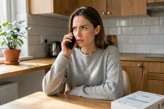 Femme appelant le service après-vente de Backmarket depuis son appartement pour demander un remboursement