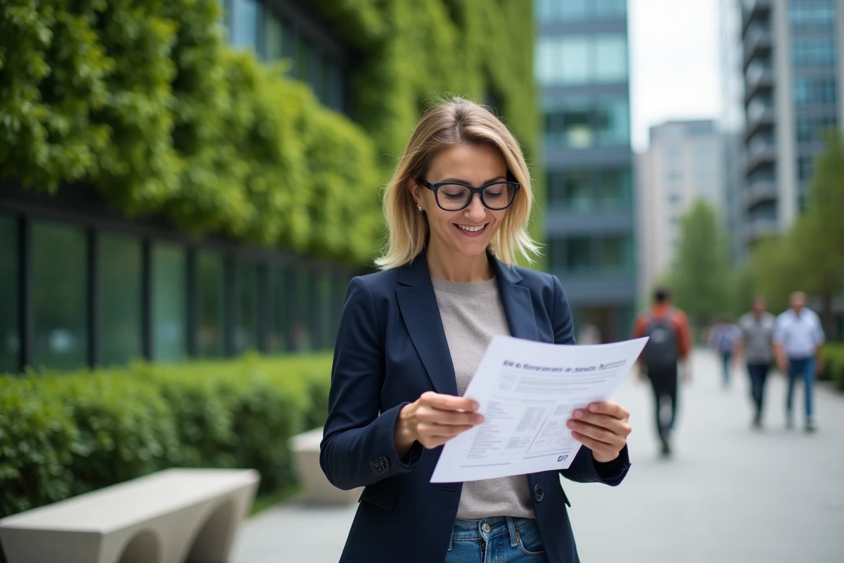 Femme cadre consultant un rapport ESG devant un immeuble d'entreprise recouvert de murs végétaux, illustrant la responsabilité sociétale des entreprises