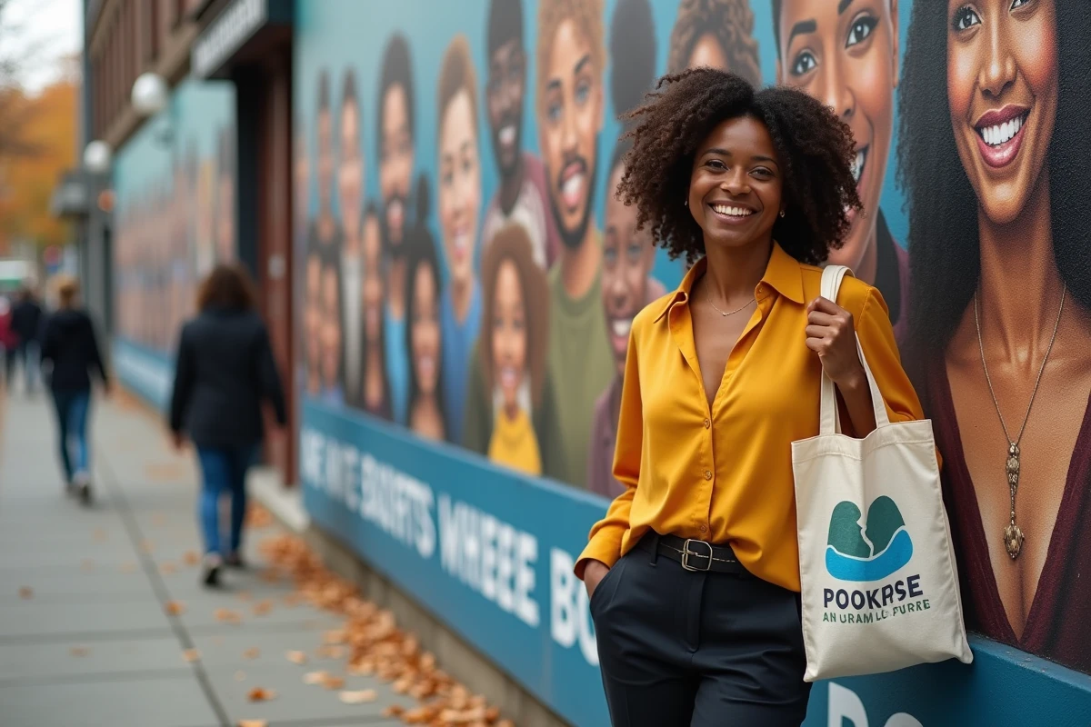 Femme engagée dans une campagne de marketing social devant une fresque murale urbaine représentant la diversité