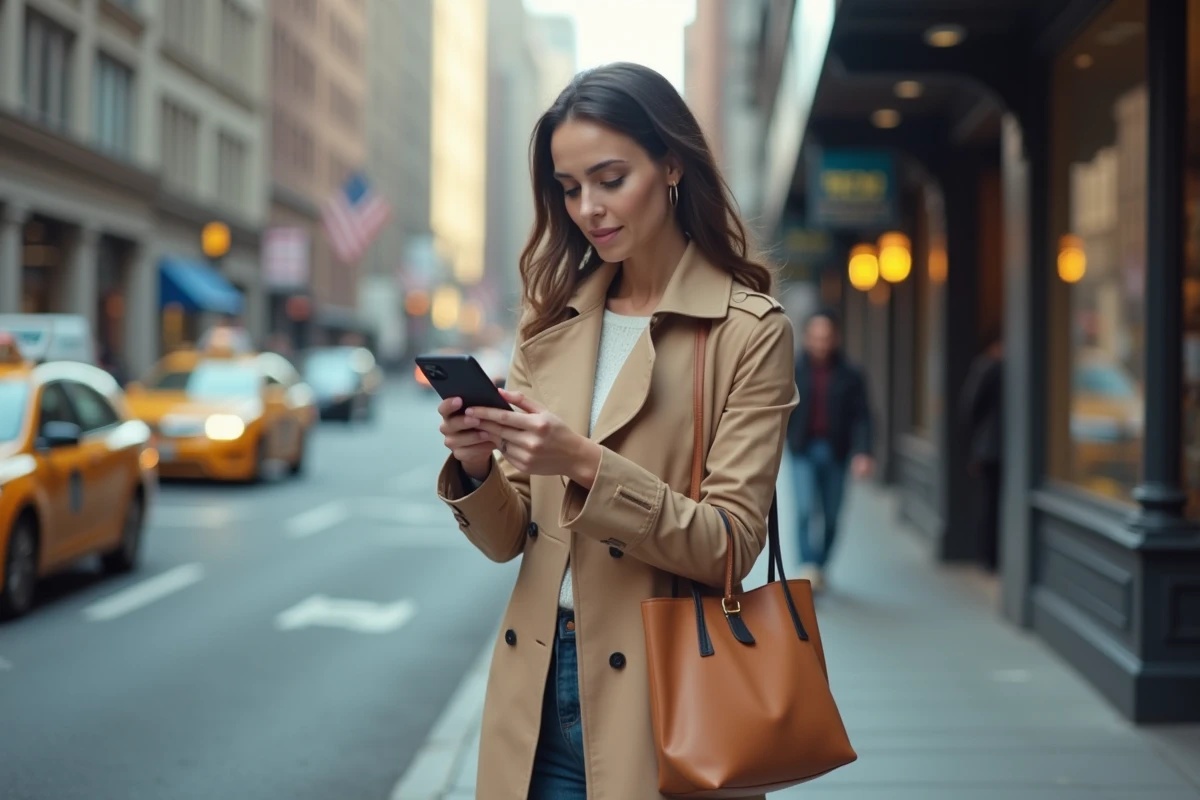 Femme commandant un Uber sur son téléphone en pleine rue à la ville