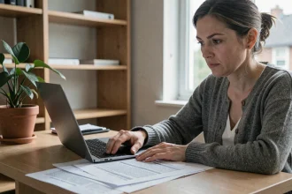 Femme examinant attentivement un contrat de travail remote avec des documents imprimés sur un bureau à domicile