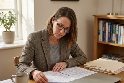 Femme entrepreneur concentrée qui analyse des documents avant de lancer sa petite entreprise