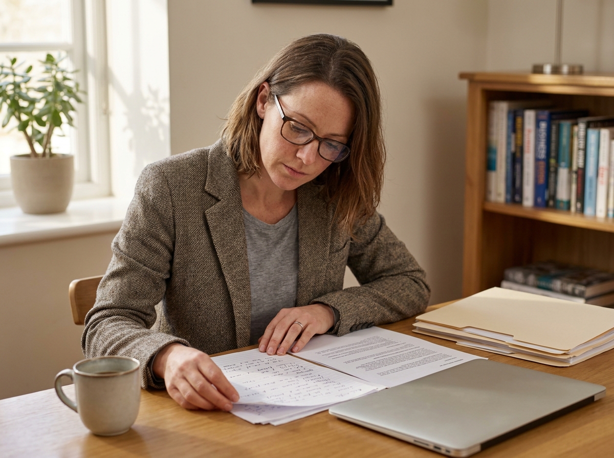 Femme entrepreneur concentrée qui analyse des documents avant de lancer sa petite entreprise