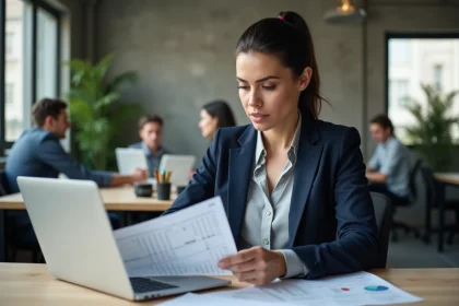 Une femme entrepreneur examine son business plan dans un espace de coworking, illustrant l'aide de Pôle emploi à la création d'entreprise