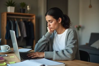 Femme fatiguée travaillant à distance depuis son appartement encombré, illustrant les difficultés du télétravail