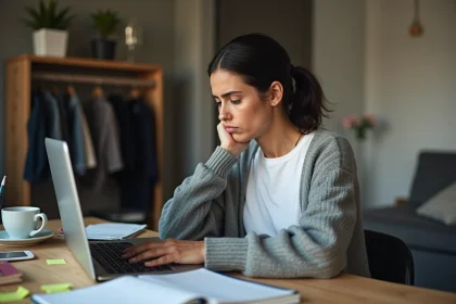 Femme fatiguée travaillant à distance depuis son appartement encombré, illustrant les difficultés du télétravail