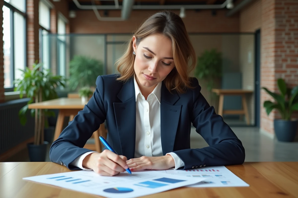 Femme investisseuse analysant des documents financiers et des pitchs de startups dans un espace de coworking moderne