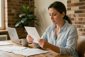 Femme lisant attentivement une invitation à un événement grand public sur une carte imprimée, assise à un bureau en bois avec un café et un ordinateur portable en arrière-plan