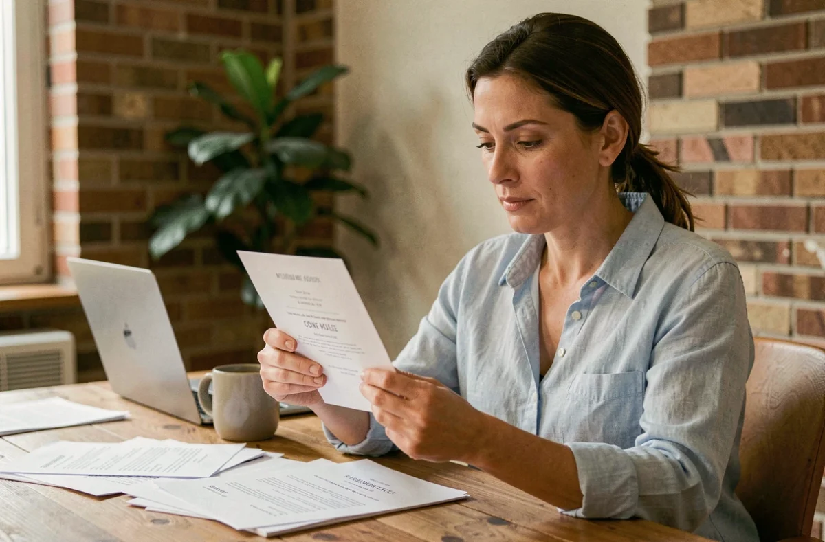Femme lisant attentivement une invitation à un événement grand public sur une carte imprimée, assise à un bureau en bois avec un café et un ordinateur portable en arrière-plan