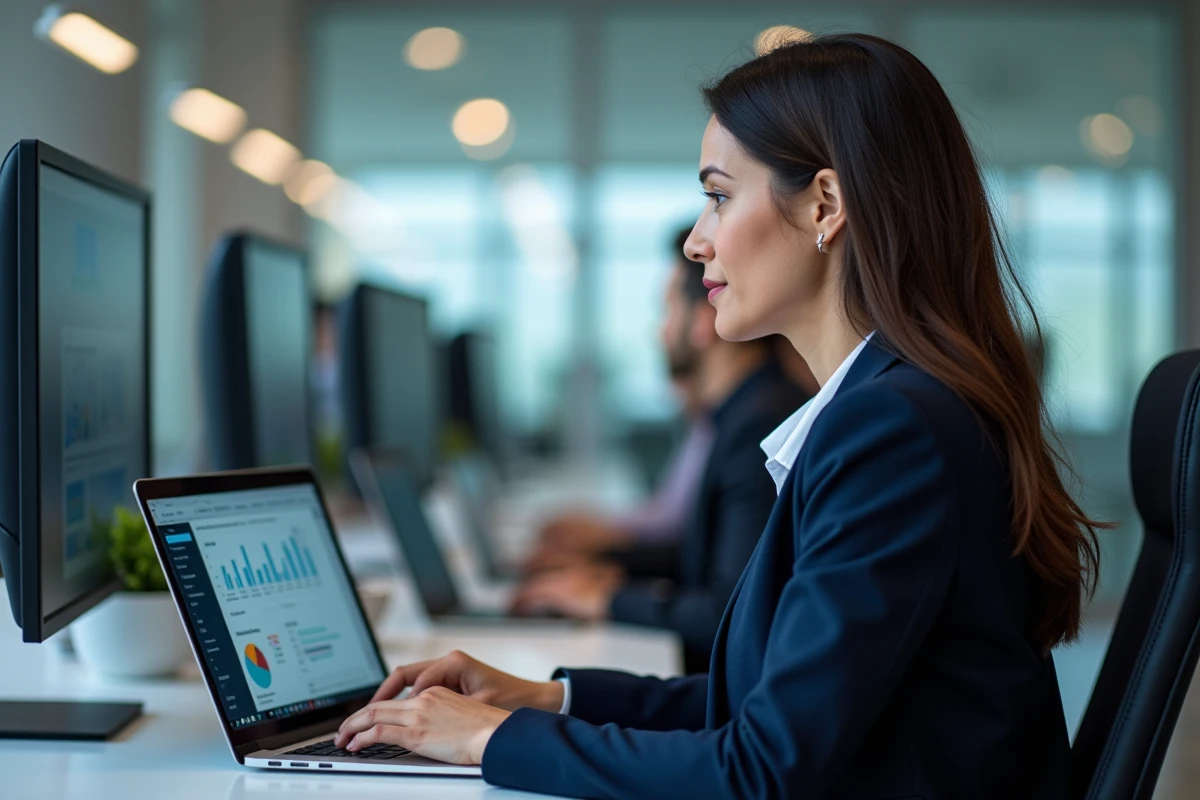 Femme professionnelle utilisant un logiciel de gestion de projet sur un ordinateur portable dans un bureau moderne en open space