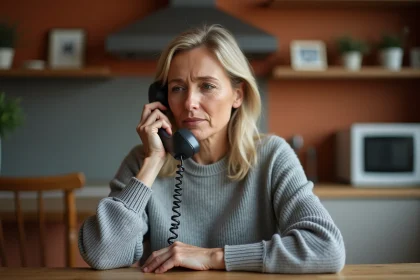 Femme au téléphone cherchant de l'aide via le numéro national de prévention du suicide 3114