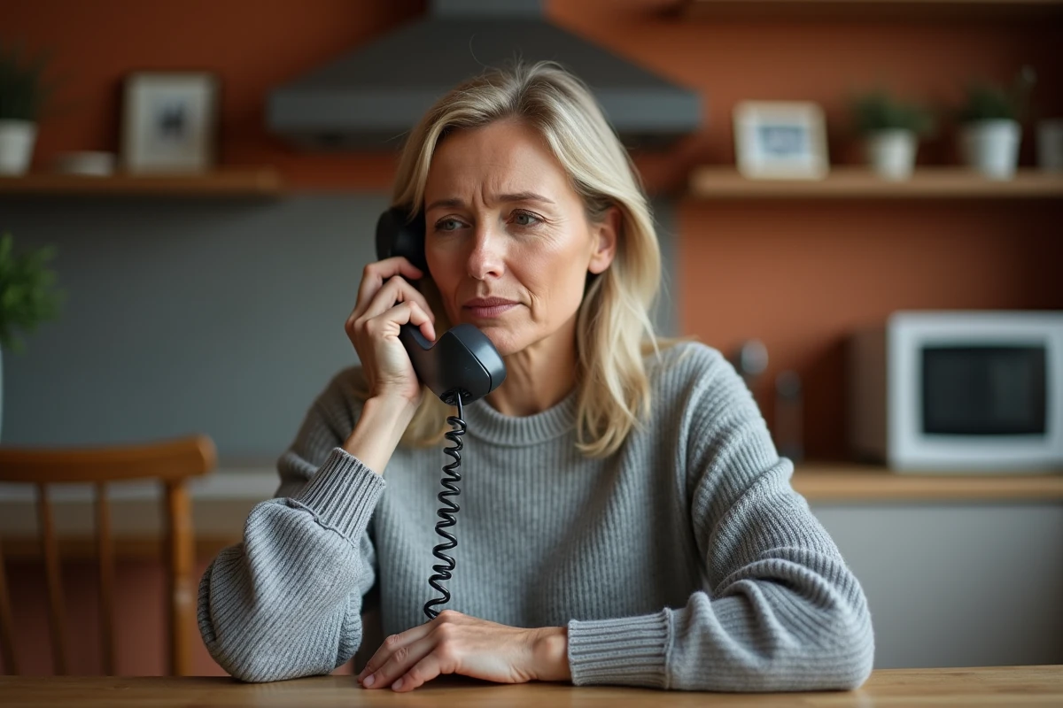Femme au téléphone cherchant de l'aide via le numéro national de prévention du suicide 3114