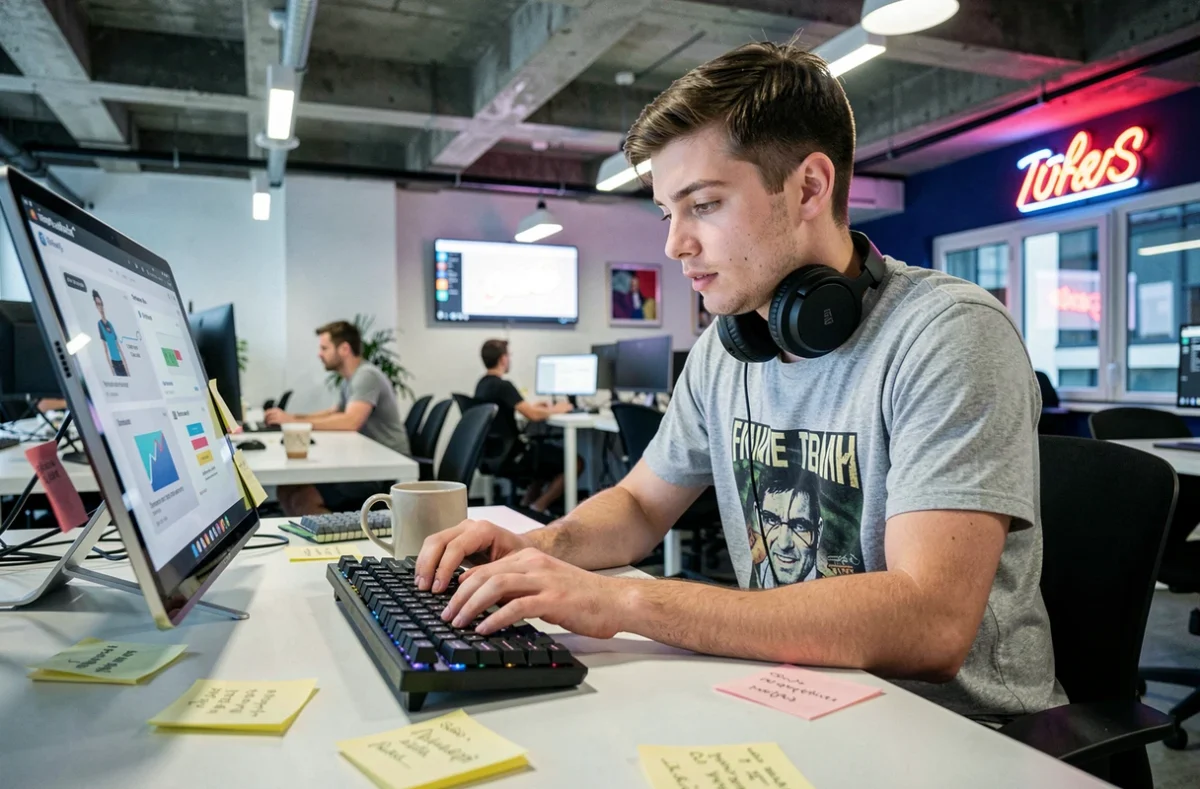 Développeur de Flashkode travaillant sur des interfaces animées dans un espace de coworking dynamique