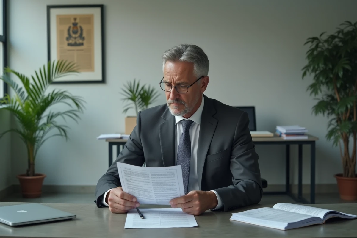 Fonctionnaire lisant attentivement un document officiel sur les normes fondamentales dans un bureau institutionnel