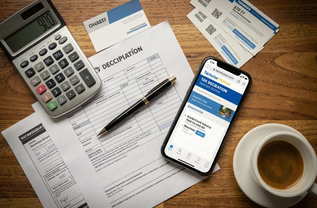 Vue aérienne d'un bureau avec formulaire fiscal, calculatrice et notes pour déclarer des commissions d'apporteur d'affaires particulier