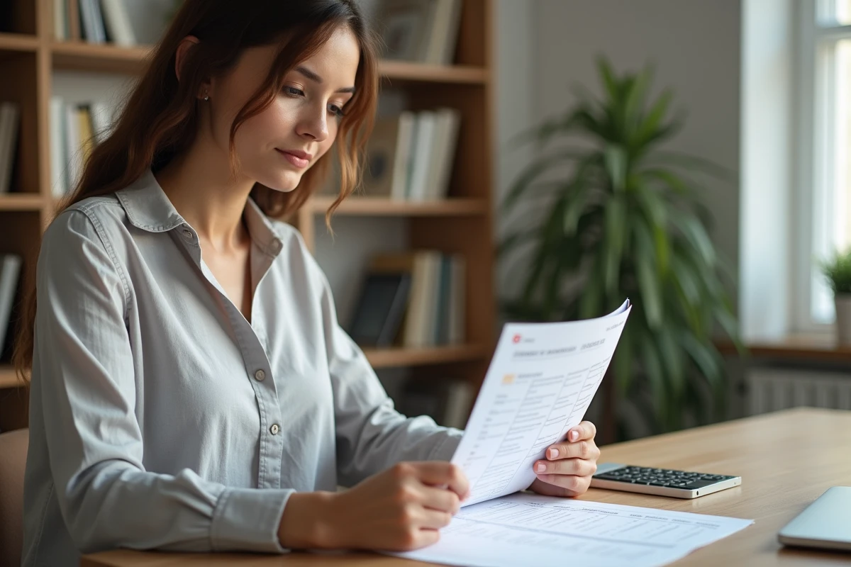 Une femme consulte un calendrier de publication Facebook posé sur un bureau en bois dans un bureau moderne