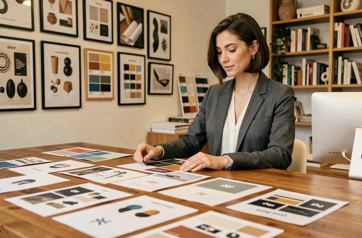 Directrice artistique de GM Creative présentant des maquettes de branding dans son studio de design