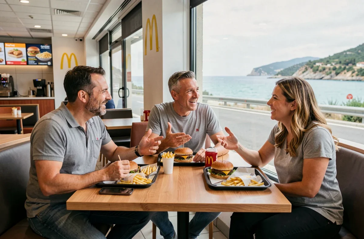 Groupe d'amis corses attablés dans un McDonald's avec vue sur la mer, représentant les opinions diverses des locaux sur la restauration rapide en Corse