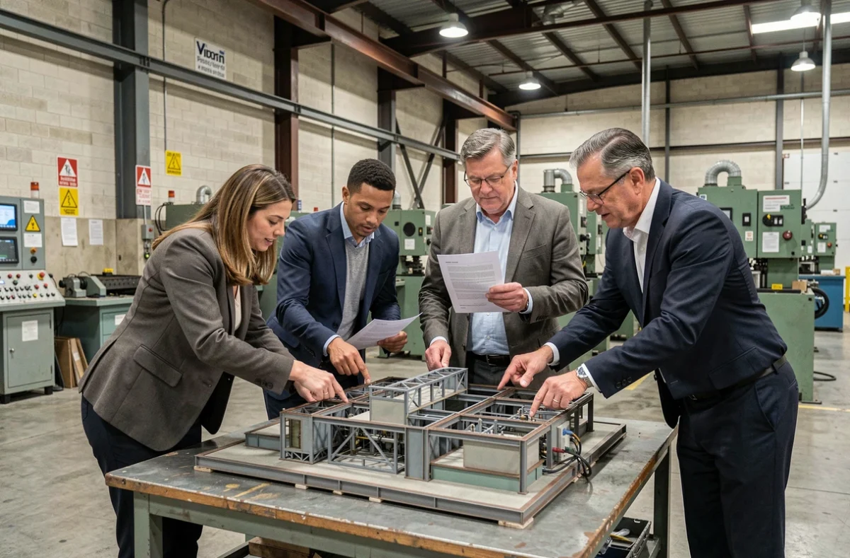 Groupe d'investisseurs et d'entrepreneurs examinant une maquette industrielle dans une usine en activité
