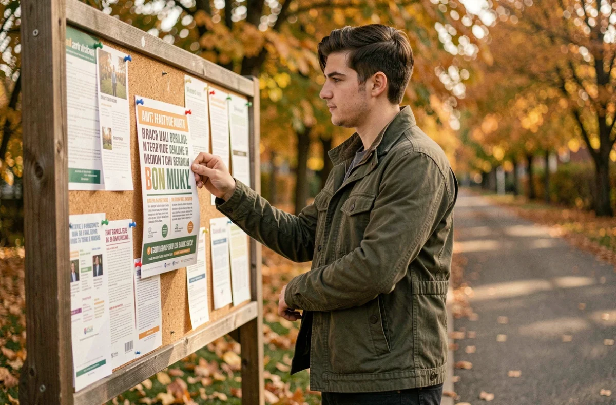 Jeune homme affichant une invitation à un événement grand public sur un panneau d'affichage communautaire en extérieur entouré d'arbres aux feuilles automnales