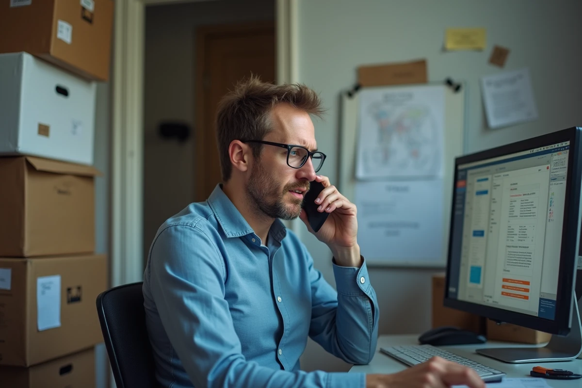 Homme en télétravail dans un bureau improvisé à domicile, jonglant entre appel téléphonique et ordinateur