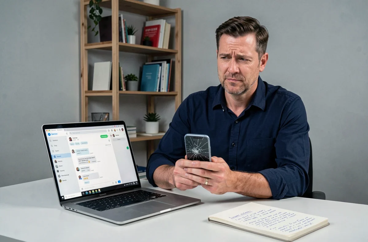 Homme au bureau contactant le SAV Backmarket avec un smartphone reconditionné défectueux et un ordinateur portable