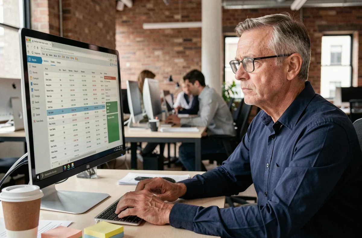 Homme en espace de coworking analysant des données salariales sur un écran dans un contexte de travail à distance