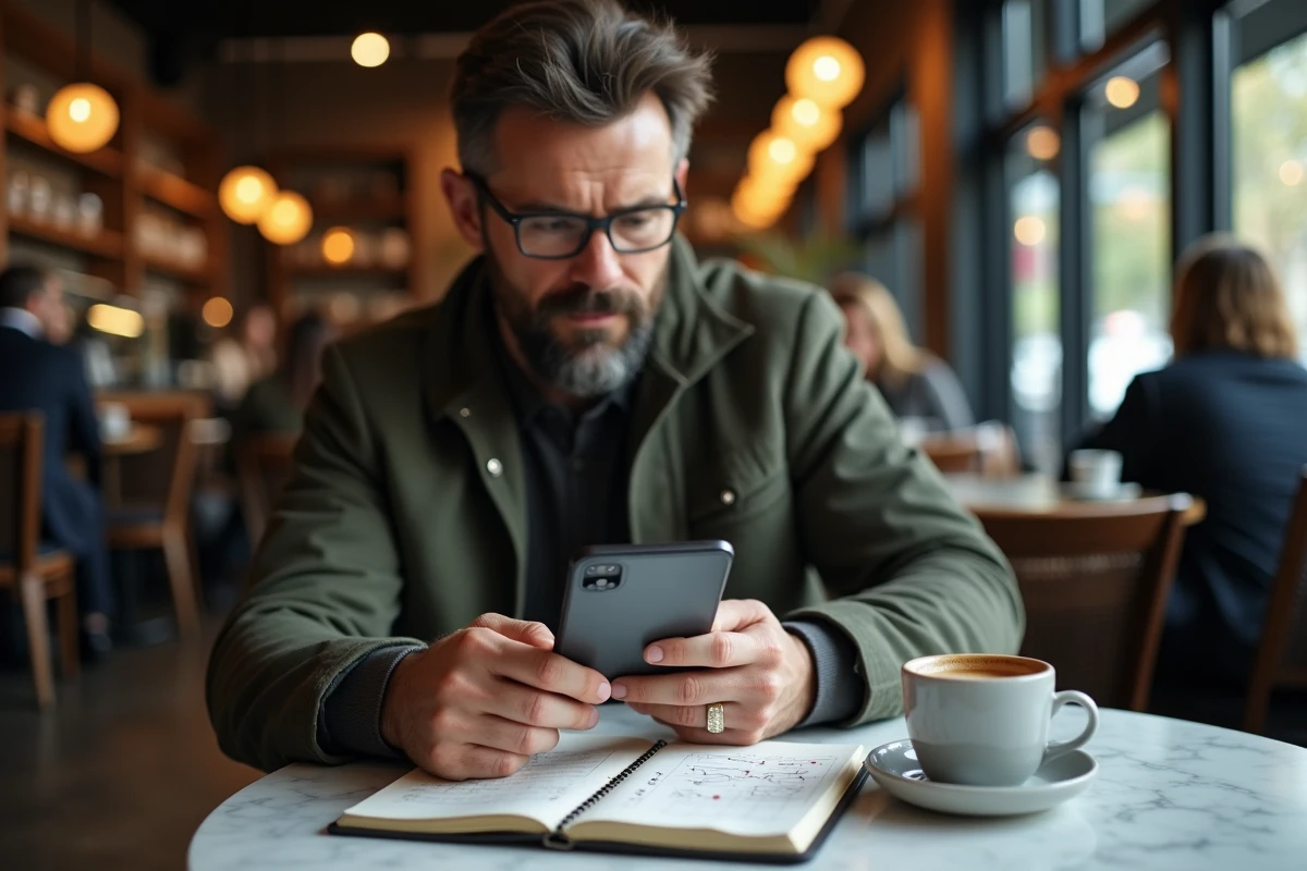 Homme d'affaires consultant une application d'investissement sur smartphone dans un café urbain avec carnet de notes financières