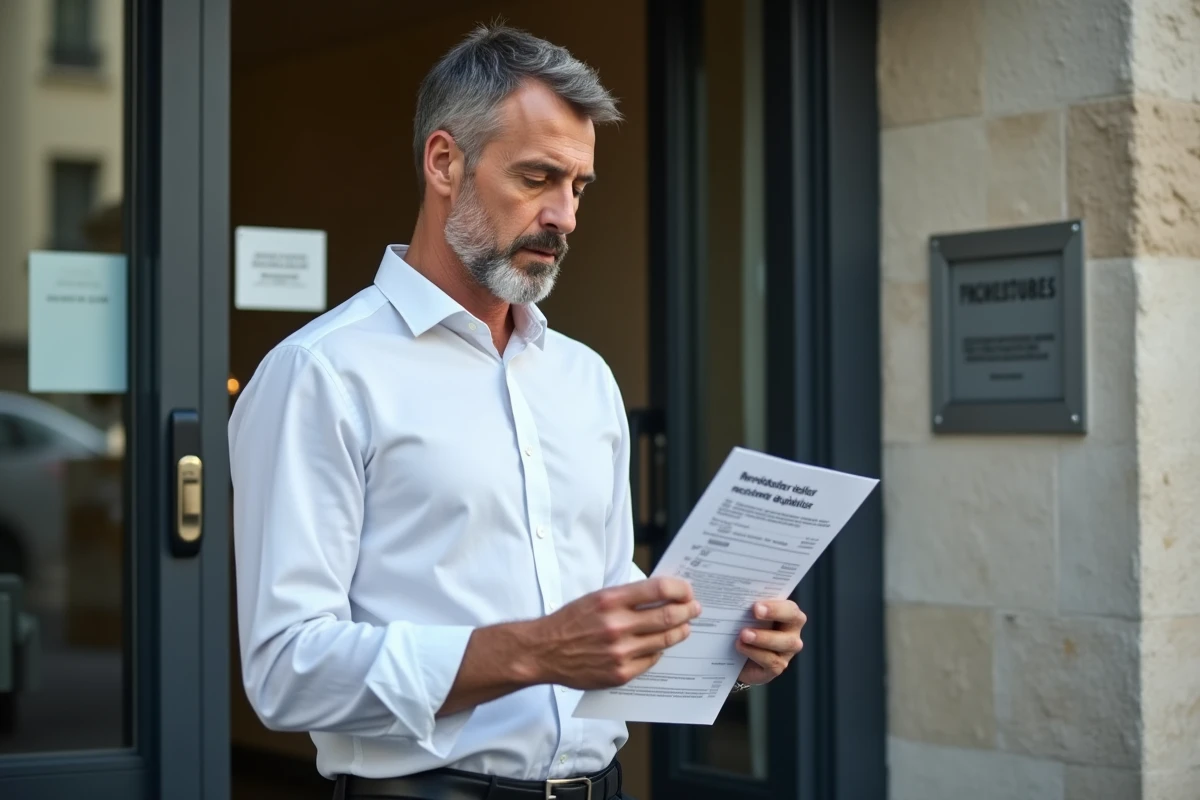 Homme tenant une liste d'établissements recevant du public devant un bâtiment institutionnel