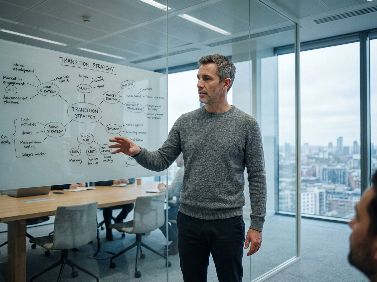 Homme de 44 ans en transition de carrière présentant un plan de reconversion devant un tableau blanc en open space