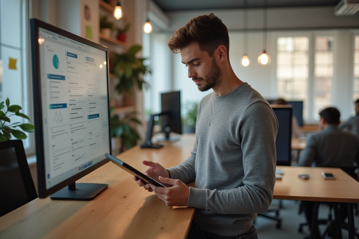 Entrepreneur consultant un CRM sur tablette dans un espace de travail startup