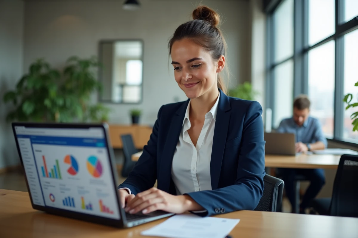 Professionnelle utilisant un logiciel CRM gratuit sur son ordinateur portable dans un bureau moderne