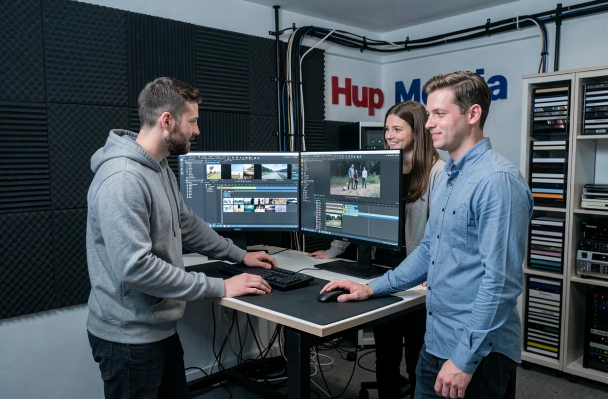 Équipe de production de l'agence Hup Media travaillant sur des projets vidéo et médias numériques dans leur studio du Val-de-Marne