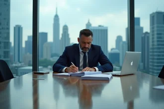 Dirigeant d'entreprise préoccupé par les inconvénients de l'externalisation dans une salle de réunion moderne