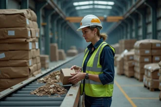 Ingénieure inspectant des matériaux triés dans un centre de recyclage industriel, illustrant les enjeux de l'économie circulaire